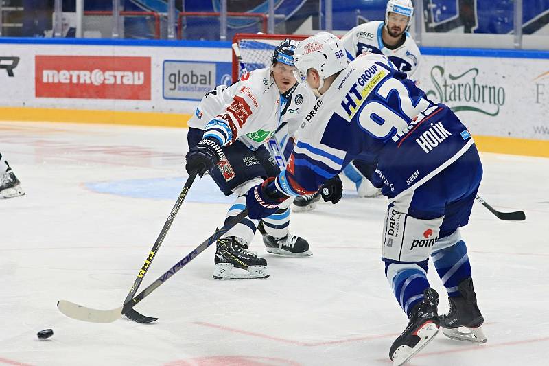 Brněnští hokejisté (v modrém) v utkání 48. kola české extraligy zdolali na domácím ledě Liberec.