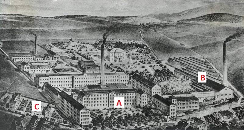 Takto vypadala továrna v roce 1874.
