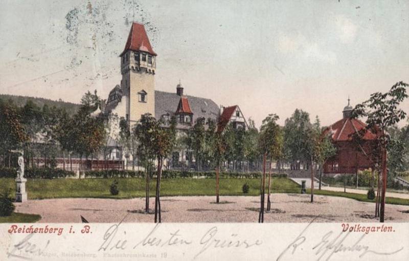 Historická pohlednice Lidových sadů z roku 1907 s patrným architektonizovaným řešením zahrady.