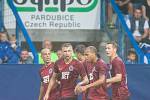 Zápas 3. kola první fotbalové ligy mezi týmy FC Slovan Liberec a AC Sparta Praha se odehrál 13. srpna na stadionu U Nisy v Liberci. Na snímku radost fotbalistů Sparty.