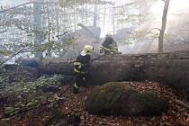 Hašení bukového lesa komplikuje velké převýšení a skalnatý terén se spoustou strží, do kterého nemohou hasiči najet svou těžkou technikou. V provozu je přes 600 metrů hadic.