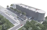 Vizualizace nového terminálu a parkovacího domu na místě současného autobusového nádraží v Liberci od autora Petra Stolína.