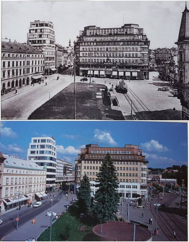 Dům Baťa na Soukenném náměstí v Liberci na historické fotografii.