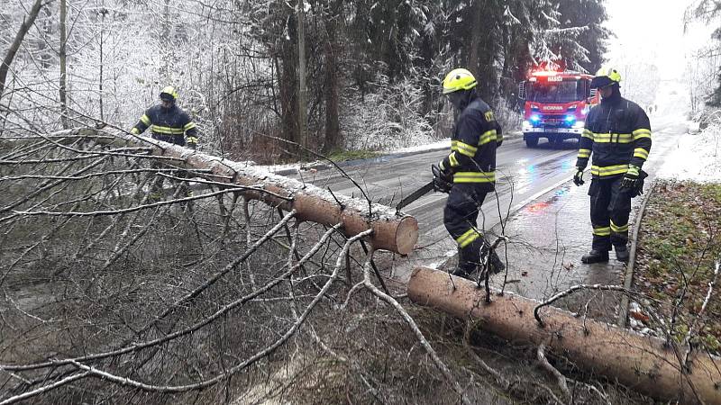 Počasí komplikuje dopravu v kraji. Hasiči ve Vratislavicích museli odstraňovat z cesty spadlý strom.