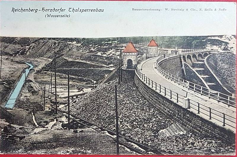 Dobové snímky a pohlednice okolo roku 1904 ze stavby přehrady v Liberci a po jejím dostavení.