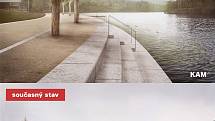Nová podoba promenádního břehu liberecké přehrady v porovnání s nynější podobou, jak ji na vizualizaci představila Kancelář architektury města Liberec.