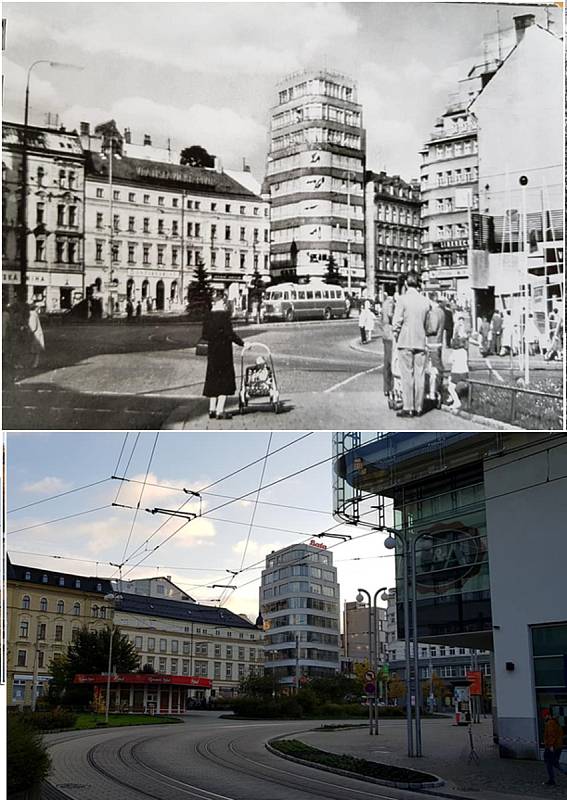 Dům Baťa na Soukenném náměstí v Liberci na historické fotografii.