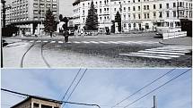Srovnávací fotografie: Soukenné náměstí kolem roku 1970 a v roce 2020.