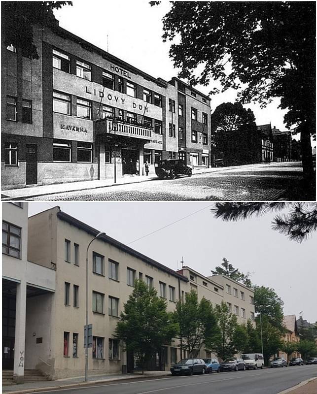 Lidový dům v 30. letech 20. století a dnešní Malé divadlo.