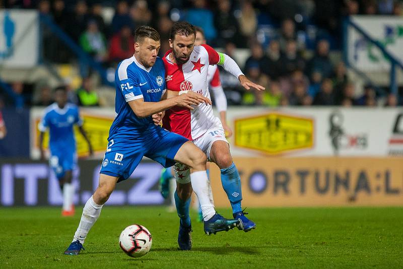 Zápas 12. kola první fotbalové ligy mezi týmy FC Slovan Liberec a SK Slavia Praha se odehrál 21. října na stadionu U Nisy v Liberci. Na snímkuzleva Radim Breite a Josef Hušbauer.