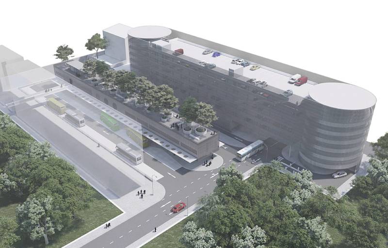 Vizualizace terminálu a parkovacího domu na místě současného autobusového nádraží v Liberci, který navrhlo studio Petr Stolín Architekt. Nerealizováno.