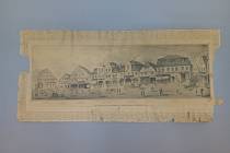 Na fotce je světlotisková reprodukce kresby z roku 1888 od Adolfa Stolle, jež zachycuje řadu domů, které stály na místě dnešní liberecké radnice.