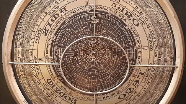 Salonní orloj ze sbírek Severočeského muzea. Ciferník s nebeskou oblohou a kalendáriem.