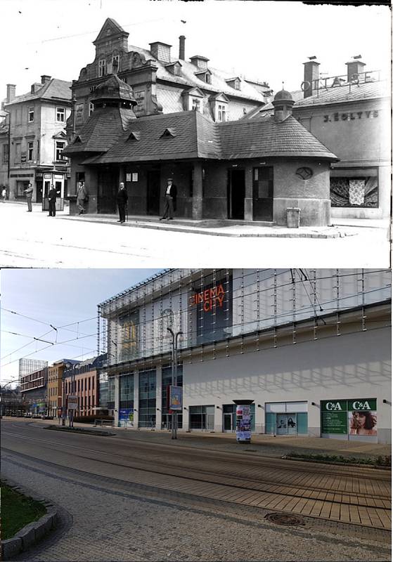 Srovnávací fotografie: Soukenné náměstí kolem roku 1930 a v roce 2021.