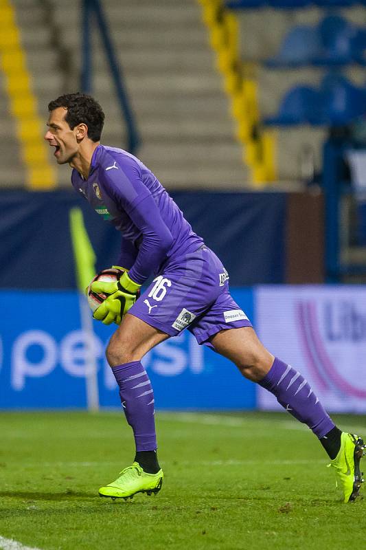 Zápas 16. kola první fotbalové ligy mezi týmy FC Slovan Liberec a FC Viktoria Plzeň se odehrál 23. listopadu na stadionu U Nisy v Liberci. Na snímku je brankář Aleš Hruška.