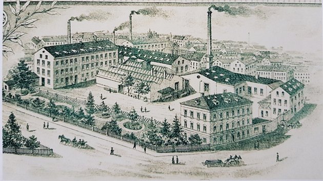 Idealizovaná podoba Linserova továrního komplexu v Resslově, Široké a Proboštské ulici (konec 19.století).
