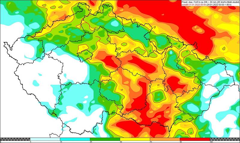 Maximální nárazy větru za neděli 31. ledna a pravděpodobnost nárazů větších než 24 m/s.