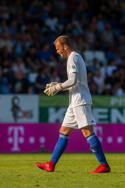 Zápas 5. kola první fotbalové ligy mezi týmy FC Slovan Liberec a Bohemians 1905 se odehrál 18. srpna na stadionu U Nisy v Liberci. Na snímku je brankář Roman Valeš.