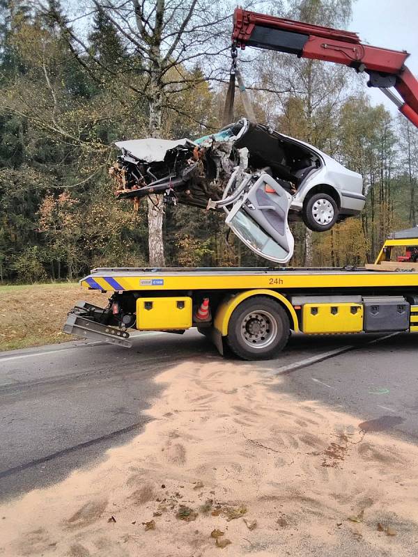 Vážná nehoda u Nové Olešné. Hasiči museli po střetu osobáku s kamionem z vraku vyprošťovat zraněnou osobu.