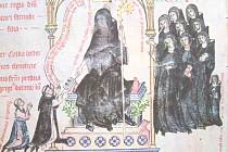 PASIONÁL abatyše Kunhuty. Sedící postava je sama abatyše, malá postava úplně vpravo je její dcera Perchta.