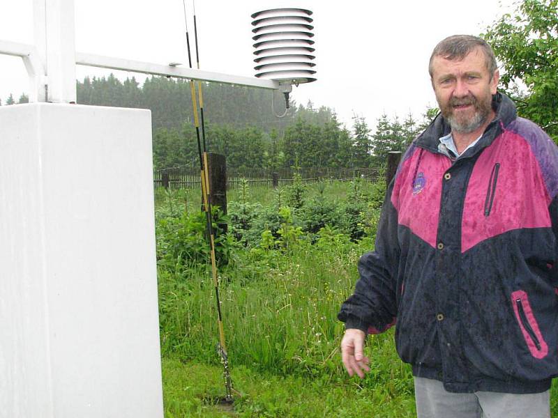 . František Peckl z Děbolína má na zahradě umístěnu meteorologickou stanici pro Jindřichův Hradec. 