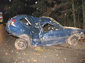 Pohled na zdemolované auto u Lásenice, ve kterém po nárazu do stromu zemřel spolujezdec na zadním sedadle.