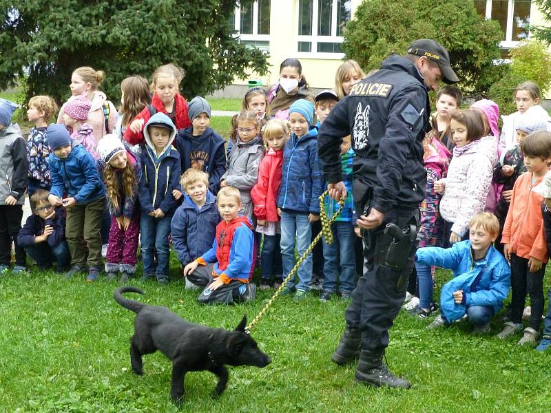 Policejní psovodi Lubomír Ábel, Jan Mol a Petr Lukačovič se svými čtyřnohými pomocníky navštívili žáky školní družiny v areálu 3. základní školy v Jindřichově Hradci.