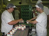 VYROBENO. Na konci výrobní linky  jindřichohradecké společnosti Agro–La ukládají ještě tekuté uzavřené a poetiketované jogurty do přepravek Iva Beranová (na snímku zleva) a Marie Rasochová.