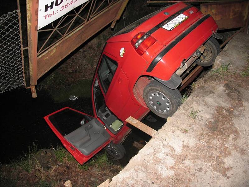 Opilý řidič na parkovišti před Staviservisem v J. Hradci nezvládl manévr a auto spadlo do potoka. 