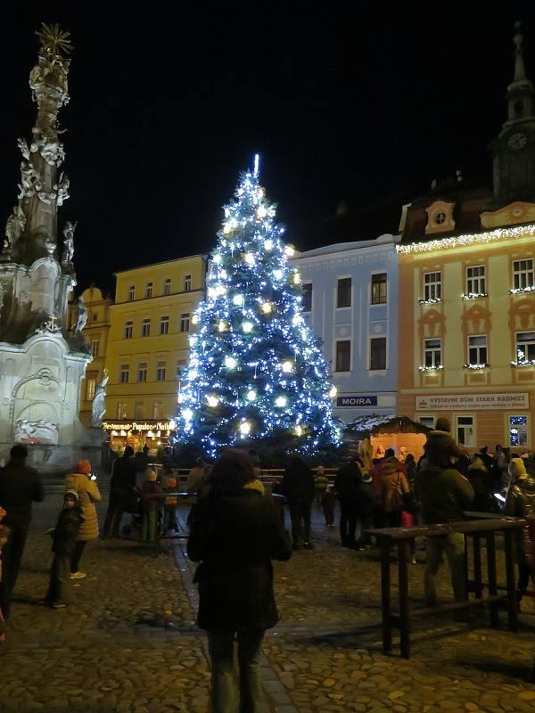 Během sobotního podvečera se rozzářil v Jindřichově Hradci vánoční strom. Krásná je i světelná výzdoba v celém centru.