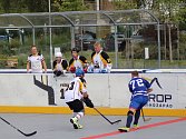 Domácí hokejbalisté (světlé dresy) skončili v turnaji čtvrtí.