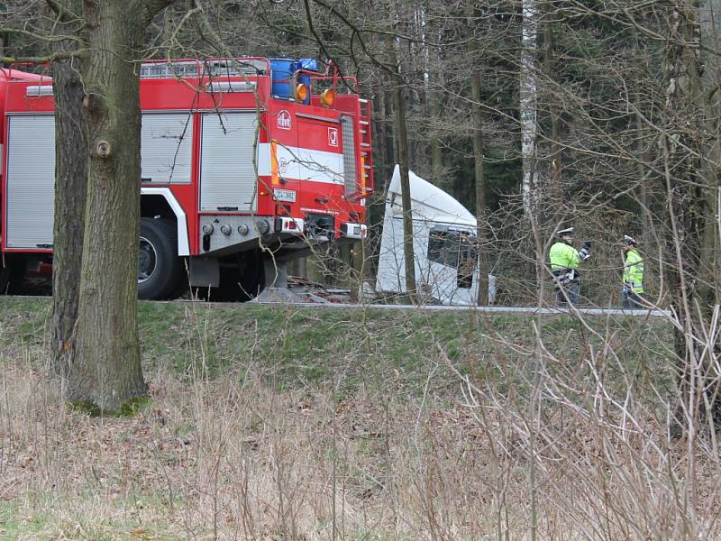 U Lásenice se střetlo osobní auto s kamionem. Jedna osoba v autě na místě zemřela, druhá byla těžce zraněná. 