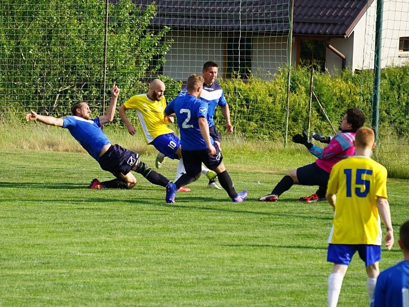 Fotbalisté Stráže (ve žlutých dresech)  deklasovali Číměř na její půdě 8:1 a před posledním kolem živí naději na titul přeborníka okrese.