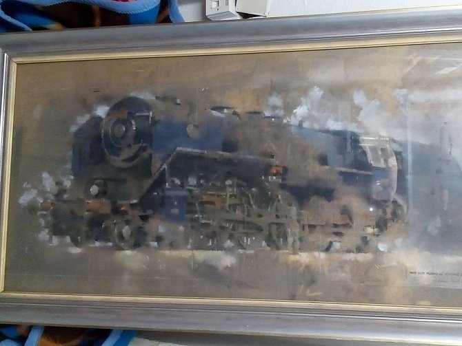Obraz lokomotivy, který získalo Národní technické muzeum v Praze.