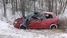 Tragická dopravní nehoda u Horní Lhoty. Pohled na osobní auto, ve kterém zemřel řidič.