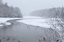 Sněžení nabídlo idylickou atmosféru také u rybníku Dvořiště.