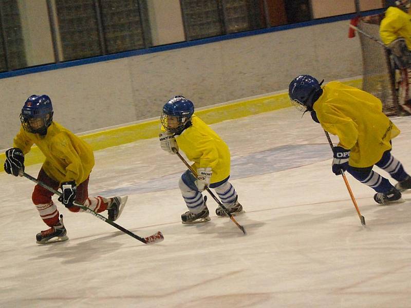Mimo dvou bruslení pro veřejnost týdně je ledová plocha jindřichohradeckého stadionu vytížena tréningy hokejového klubu. Na snímku  z tréninku jsou žáci 7. a 8. tříd. 