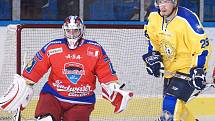 Na snímku Petr Šachl (vpravo, před gólmanem HC Mountfield Kovářem) při letní exhibici, kterou hokejový klub uspořádal v rámci oslav 80 let jindřichohradeckého hokeje.