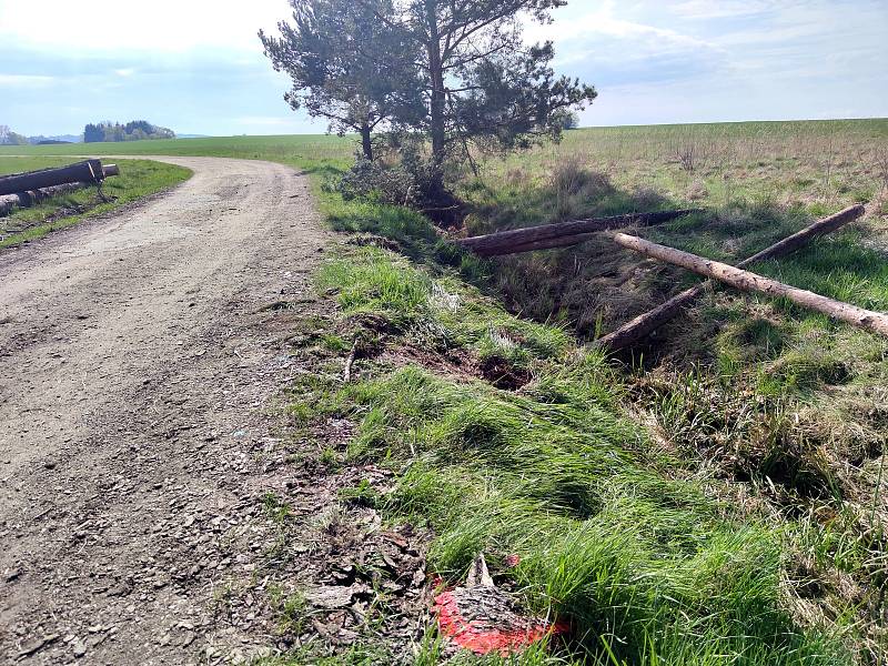 Pohled na místo tragické nehody na spojce z Jarošova na Dolní Radouň u Hánovského rybníka. V podvečer 3. května řidička s autem narazila do jedné z borovic, vůz se převrátil na střechu a žena zraněním podlehla.