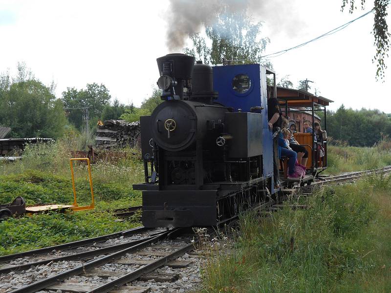 V zahradní železnici jezdí vlak tažený parní lokomotivou.