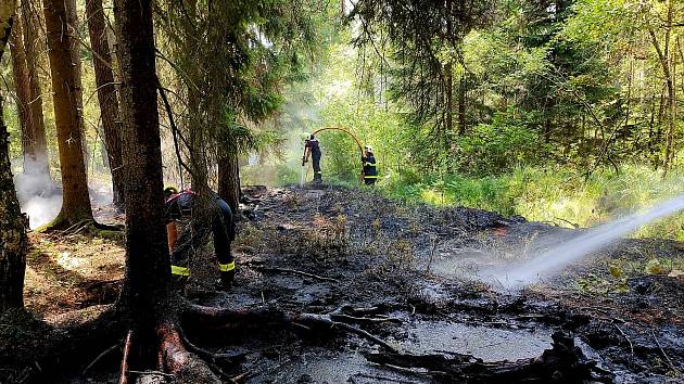 Hasiči v pondělí vyjížděli i k požáru lesní hrabanky u Rapšachu na Jindřichohradecku. Foto: HZS JčK