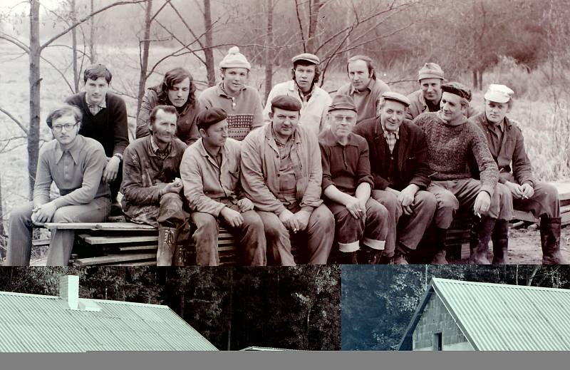 Brigádníci a členové Svazarmu v dubnu 1987. Vpředu zleva Pavel Urbánek, Josef Bělík, Josef Urbánek, Josef Voves, Karel Duffek st., Karel Šáda, Jiří Hlásek st. a Karel Duffek ml. V zadní řadě zleva Jiří Daniel, Jan Podolák, Jiří Hlásek ml., Antonín Pípal, 