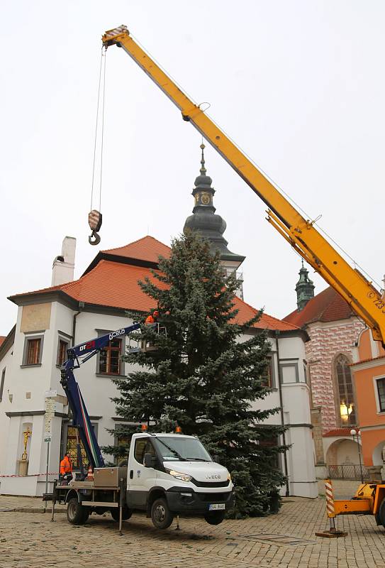 Kácení vánočního stromu a jeho následné umístění na Masarykově náměstí v Pelhřimově.