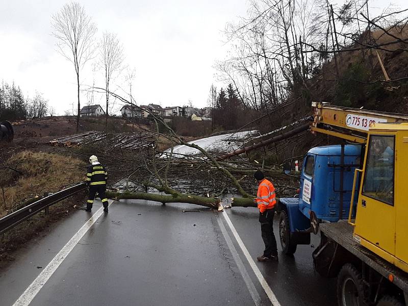 Hasiči odstraňují spadané stromy a větve na silnicích Vysočiny.