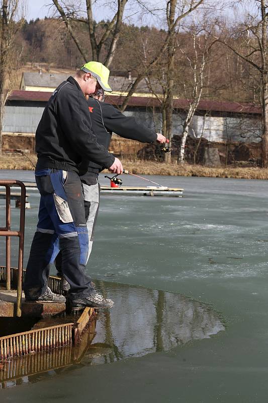 Chytání ryb na dírkách v Humpolci.