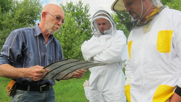 Zkušený žirovnický včelař František Pokorný (vlevo) vysvětluje na včelařském kurzu začátečníkům Tomáši Jakešovi a Danielu Baštovi funkci mateří mřížky. 