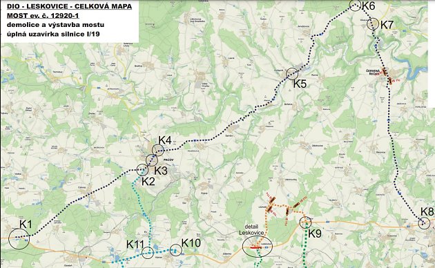 Objízdné trasy kvůli uzavírce silnice I/19 u Leskovic.