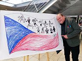 Vlajka nakreslená výtvarníkem Lubomírem Vaňkem s českými osobnostmi pro Putimov.