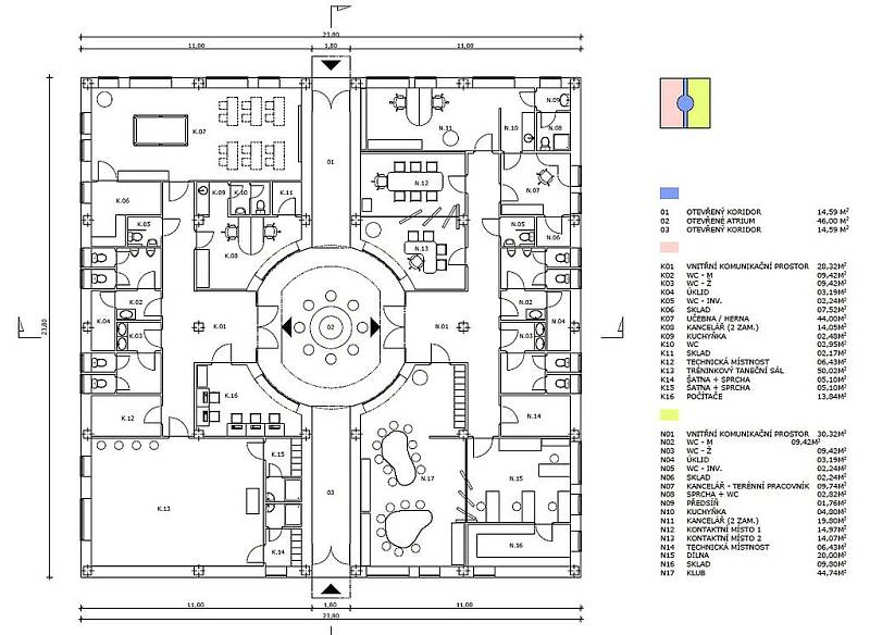 Vnitřní řešení objektu. V pravé polovině nízkoprahové centrum, vlevo komunitní centrum.