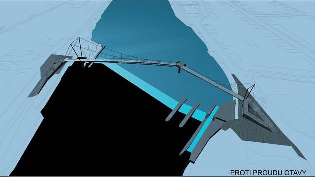 Vizualizace Pleskotovy lávky přes řeku Otavu (zobrazení proti proudu).